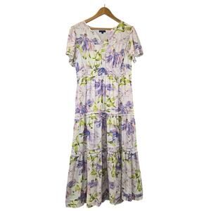 Biltmore Linen Floral V-Neck Midi Dress Romantic Lavender Cream Lined Large